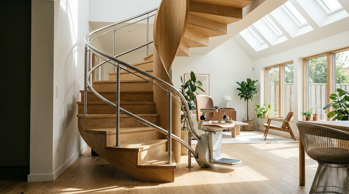 Monte-escalier moderne sur un escalier tournant, maison lumineuse