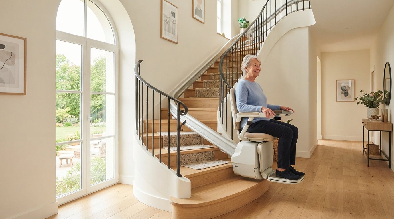 Monte-escalier moderne sur un escalier tournant, maison lumineuse