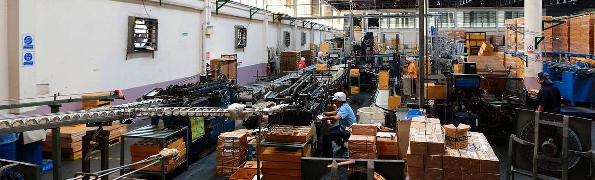 Usine industrielle avec ouvriers, machines, palettes et chaîne de production