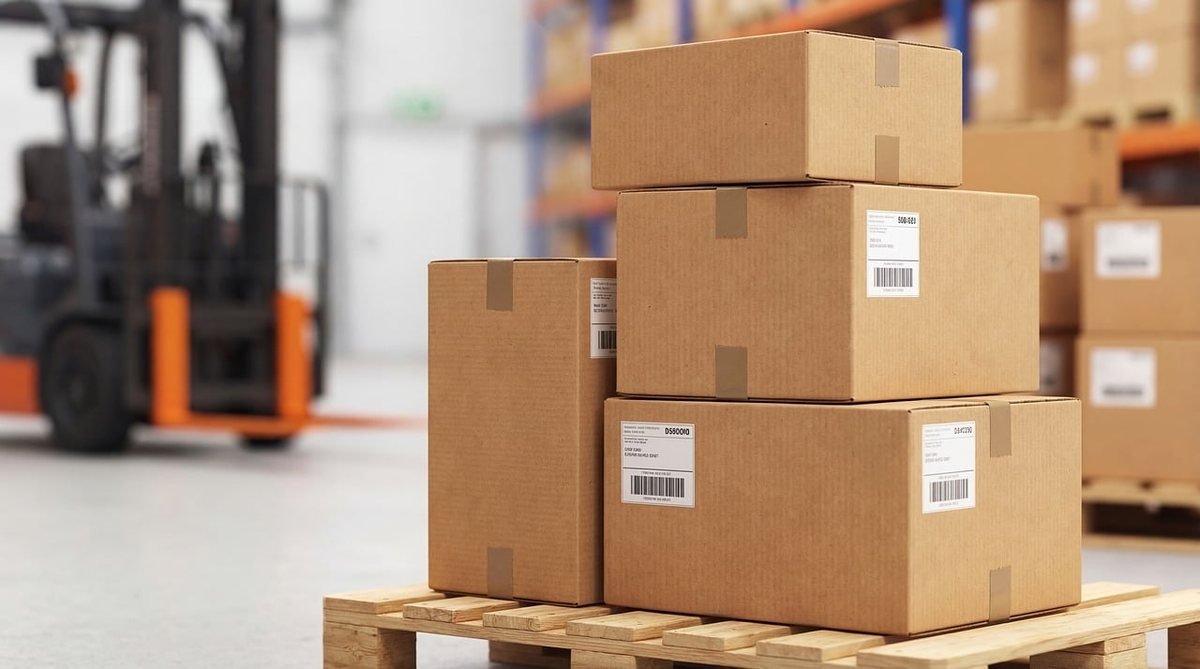 Boîtes cartons empilées sur palette en entrepôt avec chariot élévateur